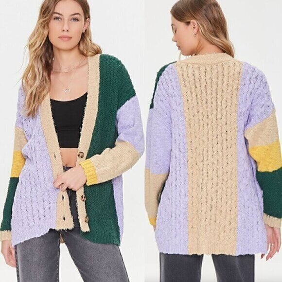 FOREVER 21 Colorblock Cardigan Sweater Lilac Lavender Green Multi Button Long M - Picture 1 of 13